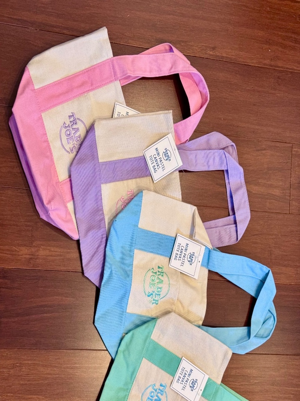 Trader Joe’s Mini Canvas Tote Set (4) | Pink Purple Blue Green | NEW